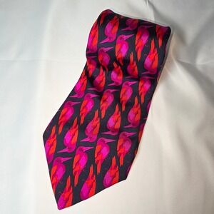 Ken Scott Italy Silk Tie Mens Black Fuchsia Orange Bird Print Designer Necktie
